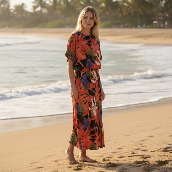 Phoebe Dresses & Skirts - Woman’s Retro Vibrant Tropical Maxi Stretch Drop Waist Dress